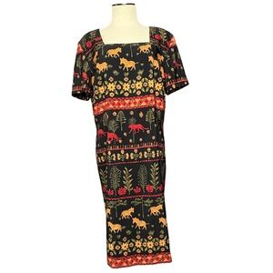 Vtg. Folk Art‎ Safari Animal Print Dress Sz. 16 Square Neck Boho Midi Wanderlust